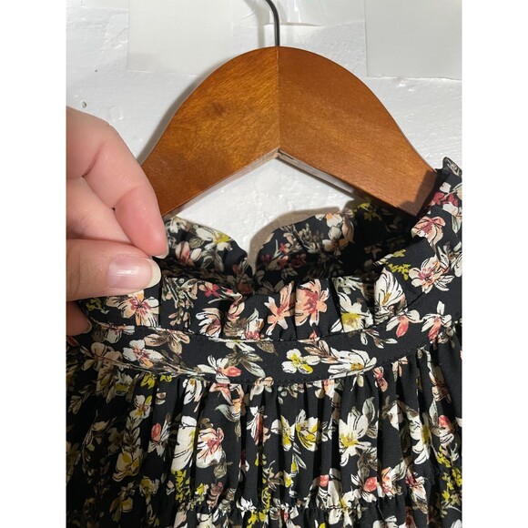 Ann Taylor LOFT Black Floral Ruffle Blouse Size Small Shirred Boho Romantic Top - Picture 10 of 14